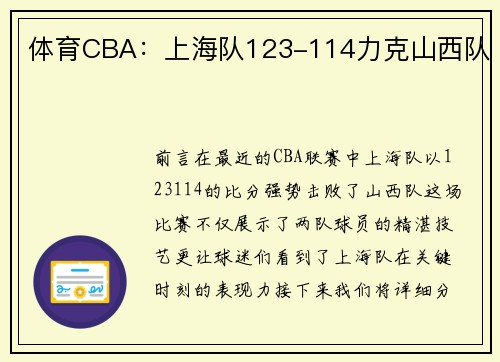 体育CBA：上海队123-114力克山西队